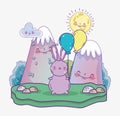 Cute cat cartoon with balloons decoration mountains sunny day