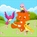 Cute cat cartoon character with birds eating from a hand on the background of a cartoon outdoors landscape, meadows