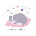 Cute cat, cartoon kitten dreaming on pillow vector illustration. Grey and white kitty with love hearts birthday card Royalty Free Stock Photo