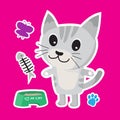 Cute cat cartoon sticker set on blue background