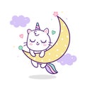 Cute cat cartoon Unicorn vector pony on moon, magic sleeping time