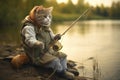 Red cat catches fish with a fishing rod on the river at sunset