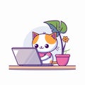 Cute cat character using laptop cartoon style, animated kitten computing, feline computer