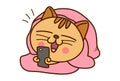 Cute Cat chatting on the phone while sitting in the blanket.
