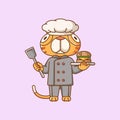 Cute cat chef cook serve food animal chibi character mascot icon flat line art style illustration concept cartoon Royalty Free Stock Photo
