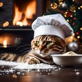 Cute cat with chef hat and christmas baking tool for making cookies