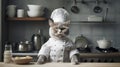 Cute cat chef ready to cooking and baking in a retro style kitchen interior