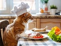 A cute cat in a chef's hat sits in front of a plate of meat. Artificial intelligence. Royalty Free Stock Photo