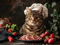A cute cat in a chef's hat sits in front of a plate of meat. Artificial intelligence. Royalty Free Stock Photo