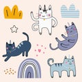 Cute cat childish cartoon. Meditating cats in yoga pose. Flat color simple style design. Vector set elements. Scandinavian drawing