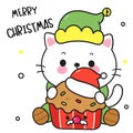 Cute Cat with Christmas cupcake santa claus (happy new year kids) animal kawaii kitten vector for fairy tale book.