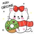 Cute Cat with Christmas donut x mas tree sweet dessert (happy new year kids) animal kawaii kitten vector