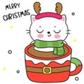 Cute Cat Christmas in hot chocolate mug (happy new year kids) animal kawaii kitten vector for fairy tale book