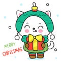 Cute Cat Christmas with magic gift (happy new year kids) animal kawaii kitten vector for fairy tale book. Royalty Free Stock Photo