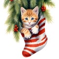 Cat with christmas tree in stocking.GenerativeAI. Royalty Free Stock Photo