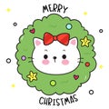 Cute Cat Christmas wreath (happy new year kids) animal kawaii kitten vector for fairy tale book.