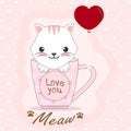 Cute cat in coffee cup character and heart balloon, valentine`s day card