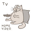 Cute cat with control panel watching home video. Vector illustration