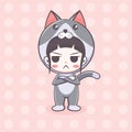 Cute cat costume girl with sulk expression cartoon illustration