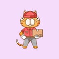 Cute cat courier package delivery animal chibi character mascot icon flat line art style illustration concept cartoon Royalty Free Stock Photo