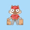 Cute cat courier package delivery animal chibi character mascot icon flat line art style illustration concept cartoon Royalty Free Stock Photo