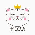 Cute cat with crown and lettering Meow. Kitty face print for child clothes, t-shirt and design card, poster. Vector. Royalty Free Stock Photo