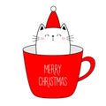 Cute cat in cup of coffee tea. Merry Christmas Happy New Year. Red Santa hat. Funny kawaii doodle animal. Line kitten kitty. Royalty Free Stock Photo