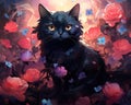cute cat with dark modern dressed flowers.