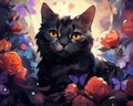 cute cat with dark modern dressed flowers.