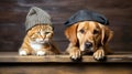 A cute cat and dog in a hat in a studio setting in front of an isolated dark background with copy space. Royalty Free Stock Photo