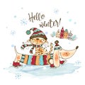 Cute cat and dog in a knitted hat and scarves walk in winter. Graphics and watercolors. Doodle style Royalty Free Stock Photo