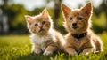 Cute cat and dog a lawn with grass animal puppy
