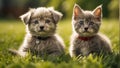Cute cat and dog a lawn grass animal puppy friendly