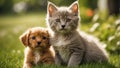 Cute cat and dog a lawn with grass animal puppy friendly