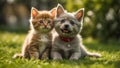 Cute cat and dog a lawn grass animal puppy friendly funny