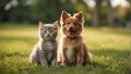 Cute cat dog lawn grass animal puppy friendly funny summer small together