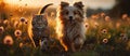 Cute cat and dog playing in the meadow at sunset Royalty Free Stock Photo