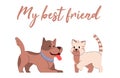 Cute cat and dog on a postcard in vintage style creative design You are my best friend