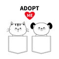 Cute cat dog sitting in the pocket. Adopt me. Red heart. Cartoon animals. Kitten kitty puppy character. Dash line. Pet animal coll
