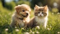 Cute cat dog lawn grass adorable animal puppy sunny friendly funny field summer small together mammal