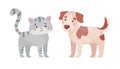 Cute cat and dog. Vector illustration in flat style, isolated on white background. Gray striped kitten and spotted puppy Royalty Free Stock Photo