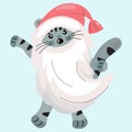 Cute cat dressed as santa claus. A kitten with a long beard waves its paw. Cute funny cartoon character 2023. Vector Royalty Free Stock Photo