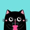 Cute cat drinks juice out of a glass cup. Black kitten head face. Pink ears, cheeks. Kawaii cartoon funny baby character.
