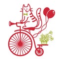 Cute cat drive vintage bicycle. Vector color cartoons illustration of old-style bike silhouette with cat, flowers and ballons for Royalty Free Stock Photo