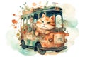 Cute cat driving a bus in watercolor illustration Royalty Free Stock Photo