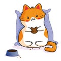 Cute Cat: eating holding cookie. kitty, kitten characters in vector, cartoon illustrations. As sticker, emoji, emoticon Royalty Free Stock Photo