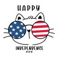 Cute cat face head with America flag stripes and stars glasses, 4th July independence day, cartoon doodle vector illustration
