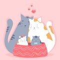 Cute cat family hugs. Lovely pets in love.