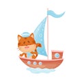 Cute cat is floating in a boat with a light blue sail. Vector illustration on white background. Royalty Free Stock Photo