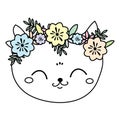 Cute Cat In Flower Wreath. Sweet Kitten Face, Summer Mood